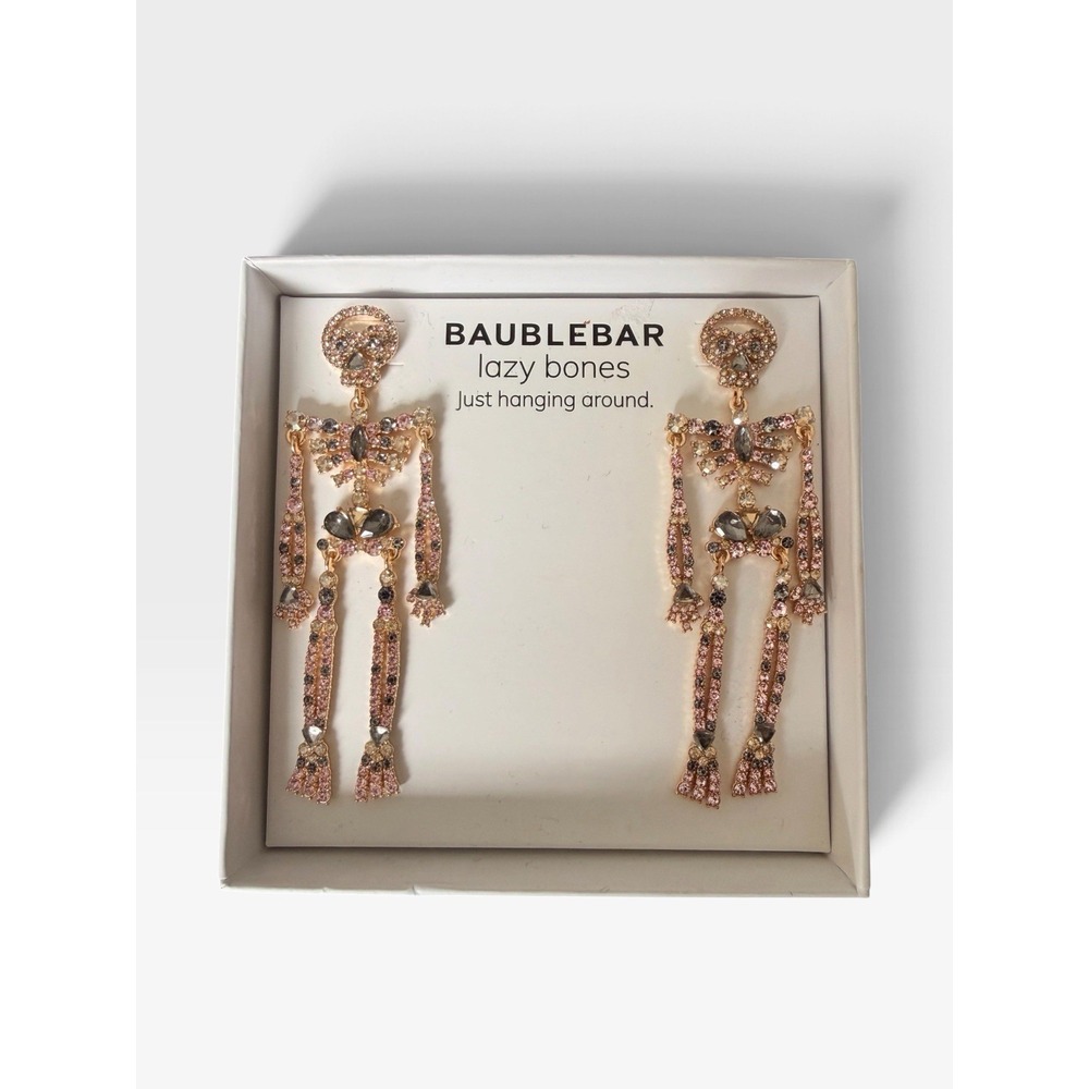 Baublebar Lazy Bones Crystal Skeleton Halloween Earrings Dangle NEW In Box